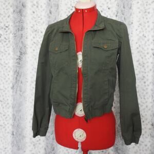 Love Tree Women’s Utility Bomber Jacket Olive Green Cropped Full Zip Small